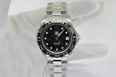 Mens TAG HEUER Aquaracer Round Diamond Black Dial Date Stainless Watch WAF1110 • $1300