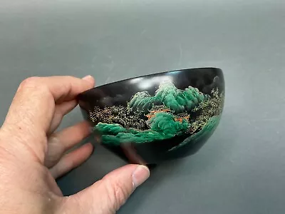 Vintage Chinese Black Lacquer Landscape Scene Gold Interior Koi Gold Fish  Bowl • $38.95