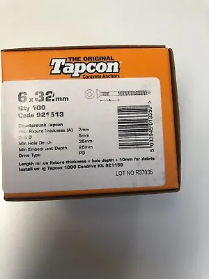 Spit Concrete Fixing Tapcon M6 CSK Head  Medium Load Screws 6 X 32mm 921513 • £11