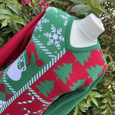 Ugly Christmas Sweater Xmas Candy Came Santa Argyle V Neck Tree Jumper S • £29.99