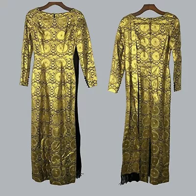 Vintage 60s Gold Dress X Small Maxi Gown Black Brocade Avant Garde • $158.64