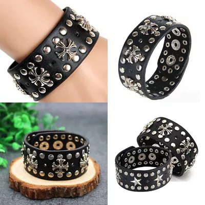 Men Women Spike Studded Rivet Bracelet Punk Goth Biker Wide Leather Wristband US • $9.89