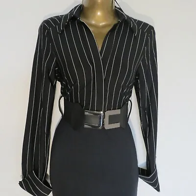 £15.99 • Buy Black Pinstripe Pencil Dress Business Office UK 8 10 12 Collared Belt Wiggle NEW