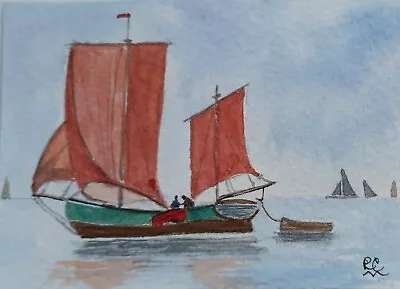 ACEO Original Watercolour Painting. Mending A Sail. Fishing Boat Coastal.  • £2.95