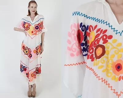 Vtg White Mexican Embroidered Caftan Dress Floral Oversized Beach Kaftan Dress • $117.80