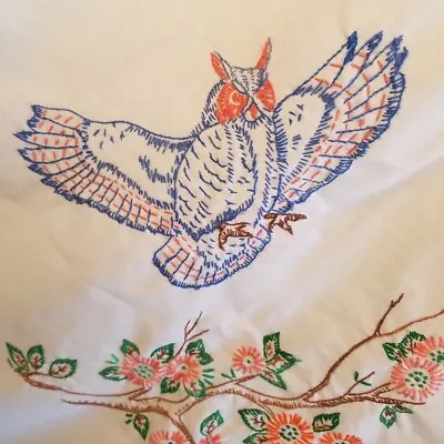 Vtg Hand Embroidered Owl Tablecloth Blue Orange Flying Landing 42.5 X 44  • $69.99