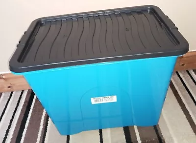 1x Blue 80 Litre Plastic Storage Box With Black Lid • £10