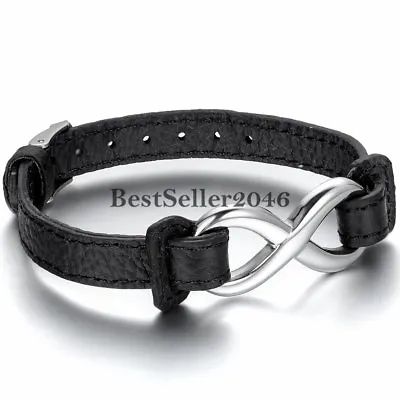 Men Women Black Leather Belt Love Infinity Wrap Bracelet Stainless Steel Bangle • $8.99