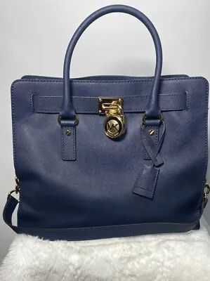 Michael Kors Hamilton Large Navy Blue Leather Handbag Signature Hardware Accent • $150