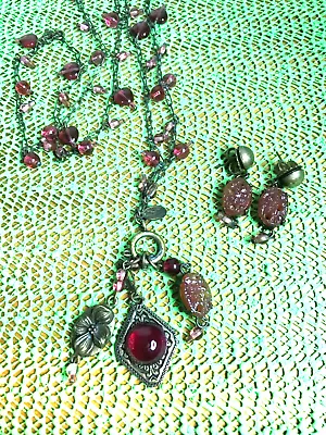 VINTAGE KAARI MENG NYC CHAIN STRUNG GLASS BEAD Charm NECKLACE & Earrings • $32