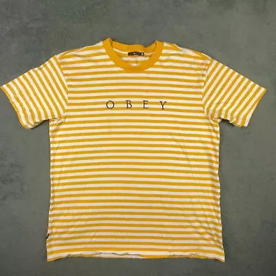 Obey Shirt Mens Medium Yellow White Striped Short Sleeve Street Wear Urban • $17.99