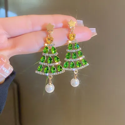 Luxury Green Crystal Christmas Tree Stud Earrings Drop Dangle Women Jewelry Xmas • $3.96