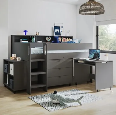 Grey Cabin Bed Mid Sleeper With Drawers And Built In Desk • £499.95