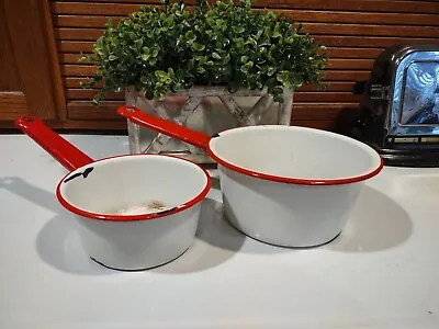 VINTAGE ENAMELWARE Nesting Pots Set Of 2 White & Red Rims & Handles Camping • $14.50