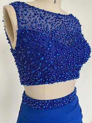 2 Piece Blue Long Dress Beaded Top Size 2 Fitted Stretch Skirt Illusion Sz 2 • $119.92