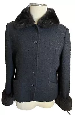 Vtg. Jacket Removable Fur Collar Cuffs Black Pockets Classy 50s-60s Wool SEE • $59