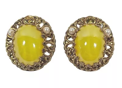 Vintage West Germany Yellow Cabochon Glass & Faux Pearls Clip Earrings • $34.99