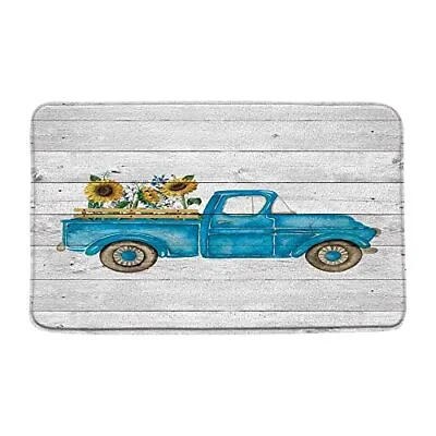 Farm Truck Bath Mat Rustic Sunflower Vintage Blue Pickup Car Retro Wooden Boa... • $23.82