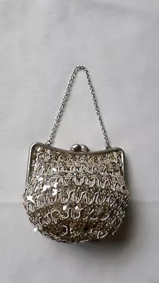 Vintage 1920's Silver Woven/Sequin Purse Small Evening Handbag Chain Handle • $12