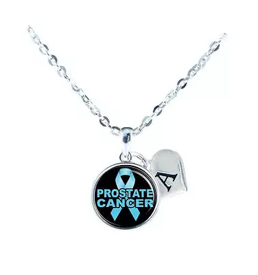 Custom Prostate Cancer Awareness Blue Ribbon Silver Necklace Jewelry Initial • $22.49