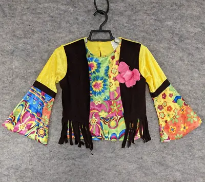 Flower Child Costume Top Girl Medium Yellow Pink Brown Faux Vest 70s Peace Hippi • $7.49