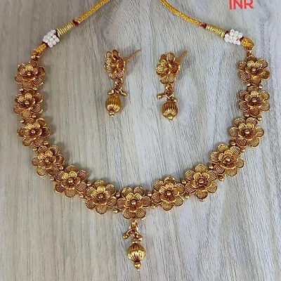 22K Bollywood Indian Gold Plated Fashion Jewelry Wedding Necklace Earrings Set • £14.90