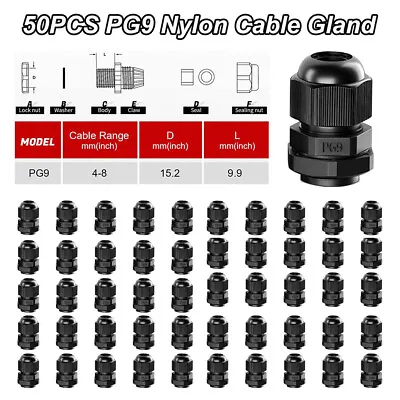 50PCS PG9 Black Nylon Waterproof Cable Gland 4-8mm Dia. W/ Lock-Nut & Gasket US • $13.99