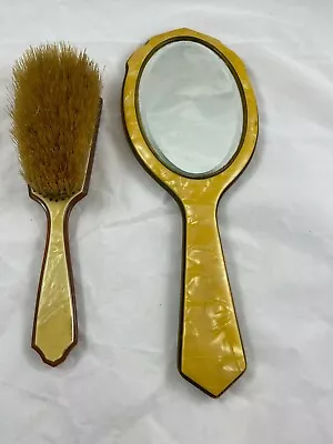 Vintage Bakelite? Butterscotch Vanity Brush And Mirror Set Gold Toned • $32.81