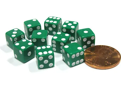 Set Of 10 8mm Six-Sided D6 Small Square-Edge Dice - Green With White Pips • $5.33