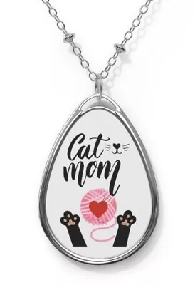 Cat MOM Happy Mothers Day Oval Necklace Pendant Gift Cat Paws Mom Jewelry Gift • $20.95