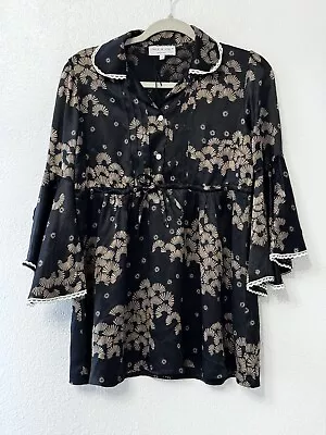 Paul & Joe Made In France 100% Silk Oriental Bell Sleeves Lace Hem Top Size 2 • $38