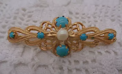 Vintage Gold Tone Faux Turquoise & Pearl FILIGREE BAR BROOCH • $25