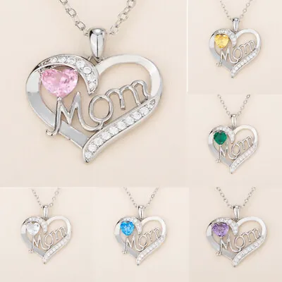 Women Silver Plated Heart Birthstone Love Pendant Necklace For MOM Gift Jewelry • $2.35