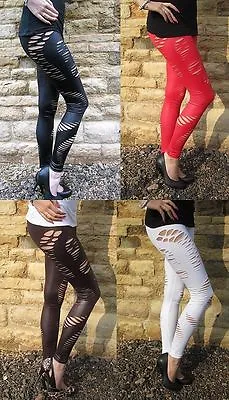 LONG LENGTH Womens Leggings Slashed SEXY WET LOOK Size 6 8 10 12 14 16 18 S M L • £11.99