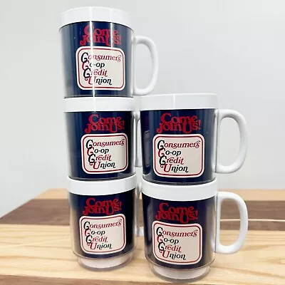 Set Of 5 Vintage Thermo Serv Advertising Mugs Stackable Plastic 10oz Bank Promo • $17.99