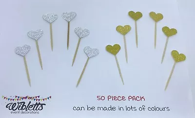 50 BULK LOT WEDDING PARTY GOLD Or SILVER GLITTER MINI HEART CUPCAKE CAKE TOPPERS • $22.70