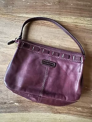 UNIQUE Ellington Small Purple Burgundy Leather Stitched Handbag Purse 6” X 7.5” • $24.99