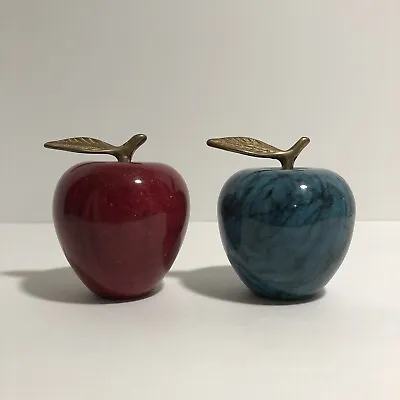 Vtg Set Of Two Marble Stone Red And Blue Apples Brass Leaf And Stem Paperweight • $18