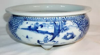 19C Chinese Qing Blue & White Pottery Tripod Incense Burner - Repair  (ChB) • $388