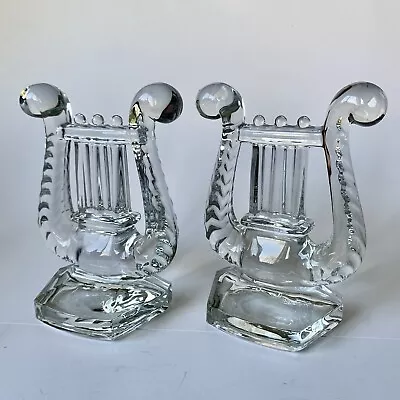 Fostoria Glass Bookends 2.5lbs Ea Heavy Glass Harps Lyres Vintage Pair Beautiful • $19