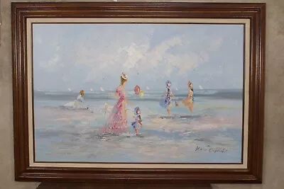 1969 Impressionist Painting Marie Charlot Victorians On Beach 43  By 31  Signed • $200