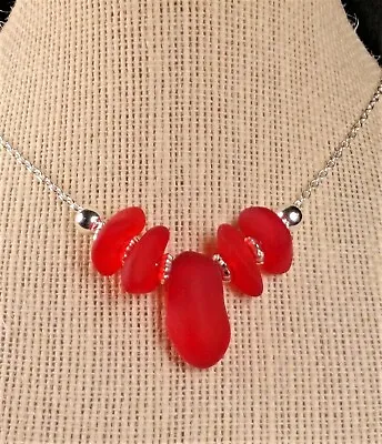 CHERRY RED Handmade Sea Glass Jewelry Beach Glass Focal 18  Necklace W 2  Ext. • $22.95