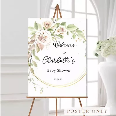 Personalised Baby Shower Botanical Green Pink Flower Welcome Sign Poster A5-A1 • £18.99