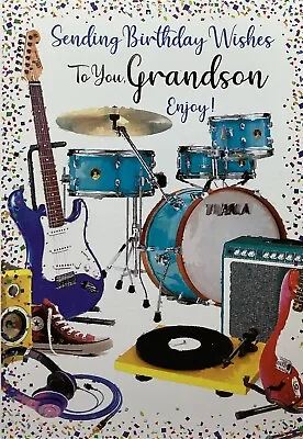 GRANDSON BIRTHDAY GREETING CARD DRUMS GUITAR MUSICAL INSTRUMENTS 7”x5” FREE P&P • £1.99