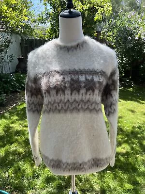 Vintage Cream/Brown Icelandic 100% Wool Knitted In Great Britain Sweater XL • $38.25