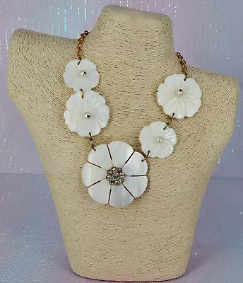 Vintage Carved Mother Of Pearl Floral Statement Necklace With Rhinestones • $35.95