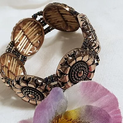 Bronze Copper Tone Boho Flower Bracelet Retro Cuff Floral Seed Bead Multicolor • $6.64