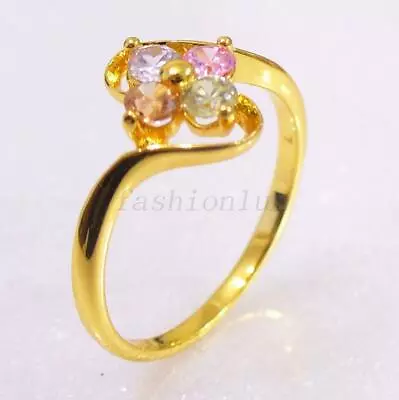 Women 24K Yellow Gold Plated Cubic Zirconia Pink Flower Engagement Ring J L N UK • £10.74