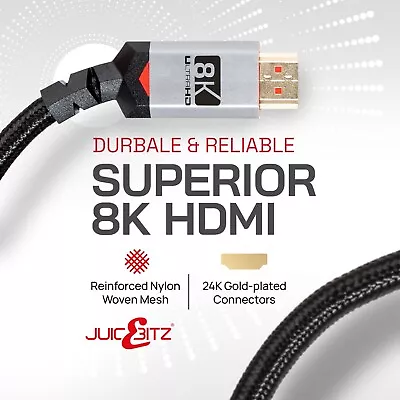 JuicEBitz® 8K HDMI Cable 2.1 UHD 8K 60fps 48Gbps Lead 4K 2K Support PS5 PS4 Sky • £16.99