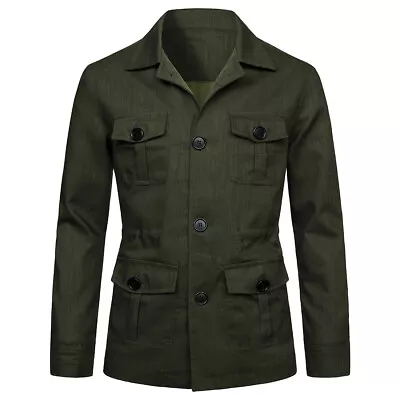 Men's 100% Linen Safari Jacket Pockets Slim Fit Hunting Coat Casual Tops British • $49.99